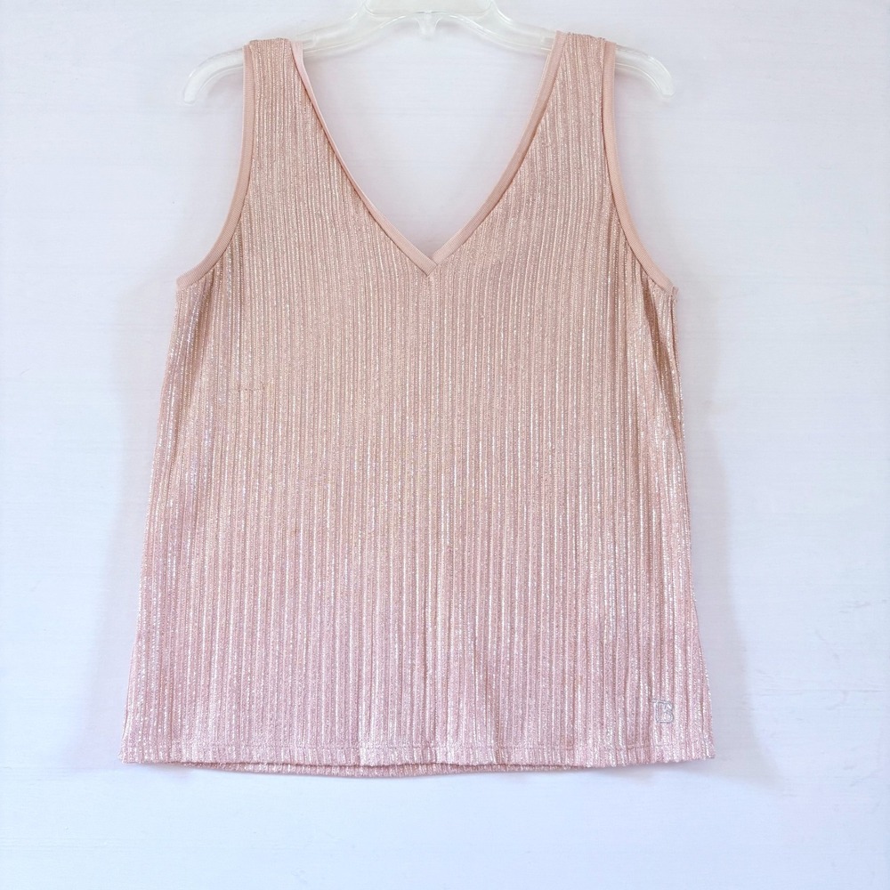 Ted Baker London Rose Gold Metallic Ribbed V-Neck Tank Top Shimmer Pink Size 2